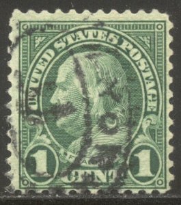 U.S. #594 RARE Used w/ Cert - 1923 1c Green, Rotary