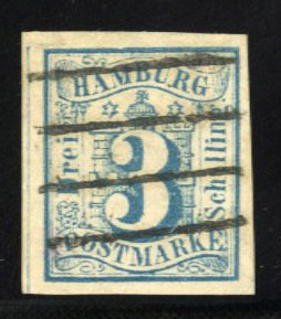 German States, Hamburg #4 Cat$125, 1859 3s blue, used signed Bloch