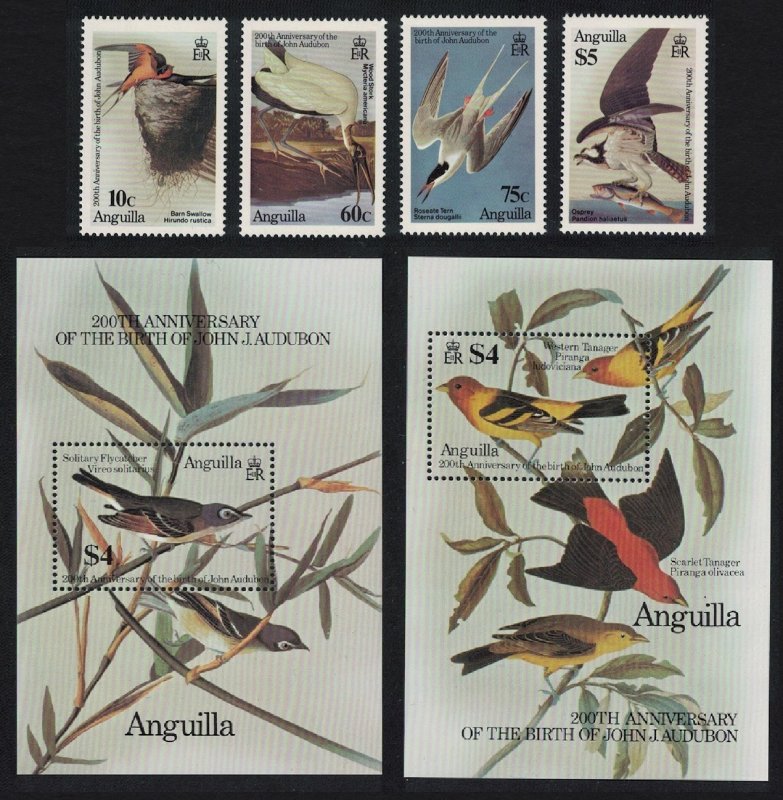 Anguilla Birds Stork Tern Osprey Tanager Vireo Audubon 4v+2 MSs SG#650-MS654