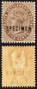 Straits Settlements SG99s 5c Brown Opt Specimen M/M (hinge remainder)