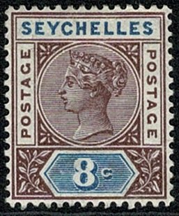 SEYCHELLES QV1890-92 8c BROWN & BLUE (DIE II) UNUSED SG11 Wmk.CROWN CA P.14 VGC