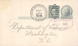 SCOTT UX27 POSTAL CARD & #498 STAMP RPO DEPT OF LABOR AUXILIARY MARKING 1918