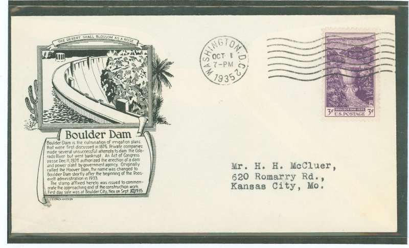 US 774 1935 3ct Boulder Dam completion (single) on an addressed (typed) first day cover on an Anderson cachet with a Washington,