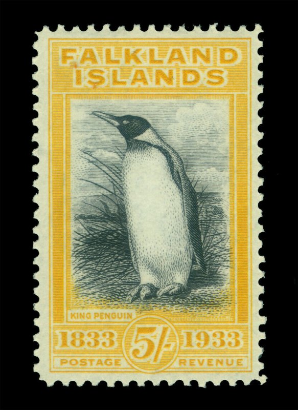 FALKLAND ISLANDS 1933 Centenary - PENGUIN 5/- yellow Scott # 74 (SG 136) mint LH