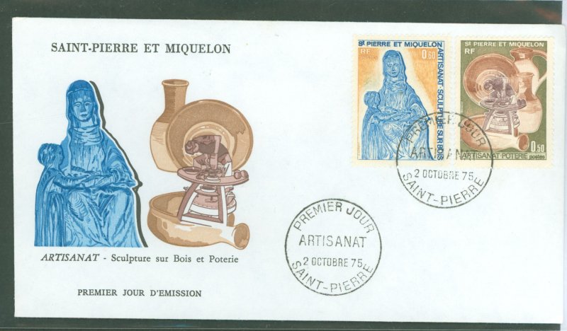 St. Pierre & Miquelon 441-442 1975 Artisanat set of two handcraft (art) on an unaddressed cacheted FDC