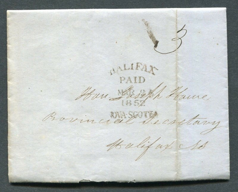 NOVA SCOTIA 1852 STAMPLESS COVER - DOUBLE SPLIT RING TOWN CANCEL PARRSBOROUGH