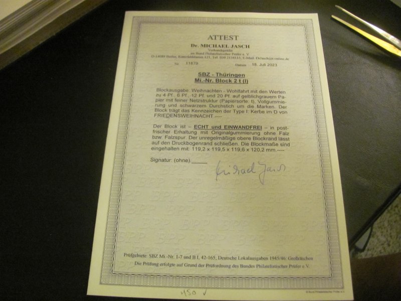 Germany SBZ MNH 1945 Thuringen CERTIFICATE JASCH Block 2t (I) BLOCK  XF (159)