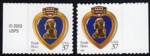 Scott #3784 & 3784A Purple Heart Veterans Single Stamps - MNH