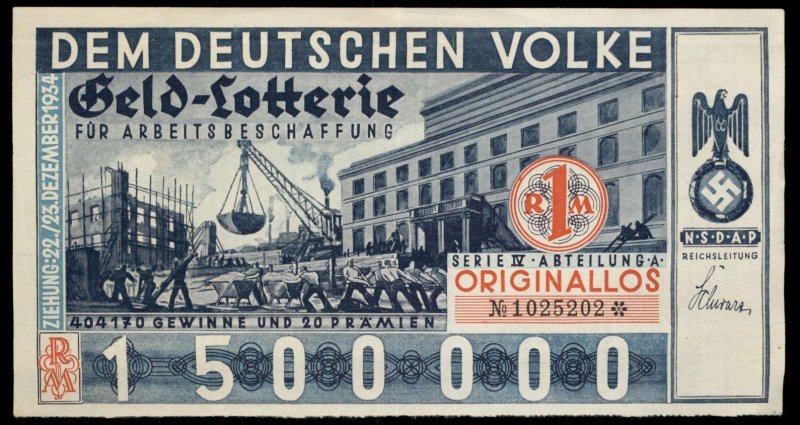 3rd Reich Germany 1934 Arbeitsbeschaffung Reichs Lotterie Lottery Ticket 97345