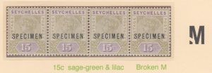 SEYCHELLES  1893 QV Key Plate SPECIMEN   strip of 4 with BRPOKEN M