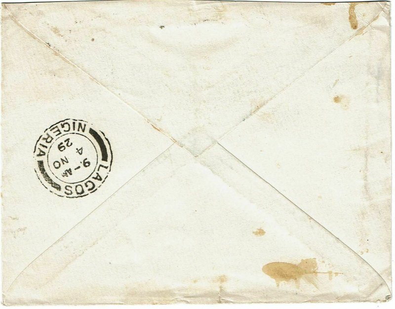 Nigeria 1929 Offa cancel on stationery envelope to England