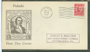 US 690 1931 2c General Pulaski Commemorative (single) on an addressed FDC with a Roessler cachet - Chicago, IL cancel