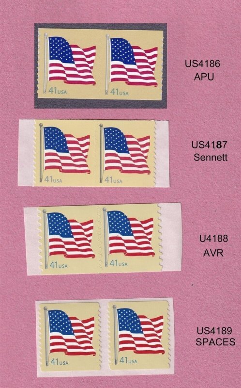 Pairs 41c Flag Den APU US 4186, Sennett 4187, AVR 4188, Spaces 4189 Lot (4) MNH