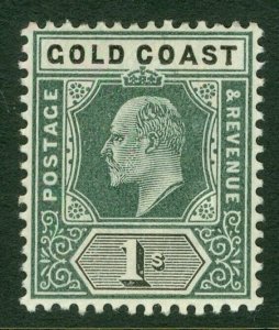 SG 44 Gold Coast 1902. 1/- green & black, watermark crown CA. Fine unmounted...