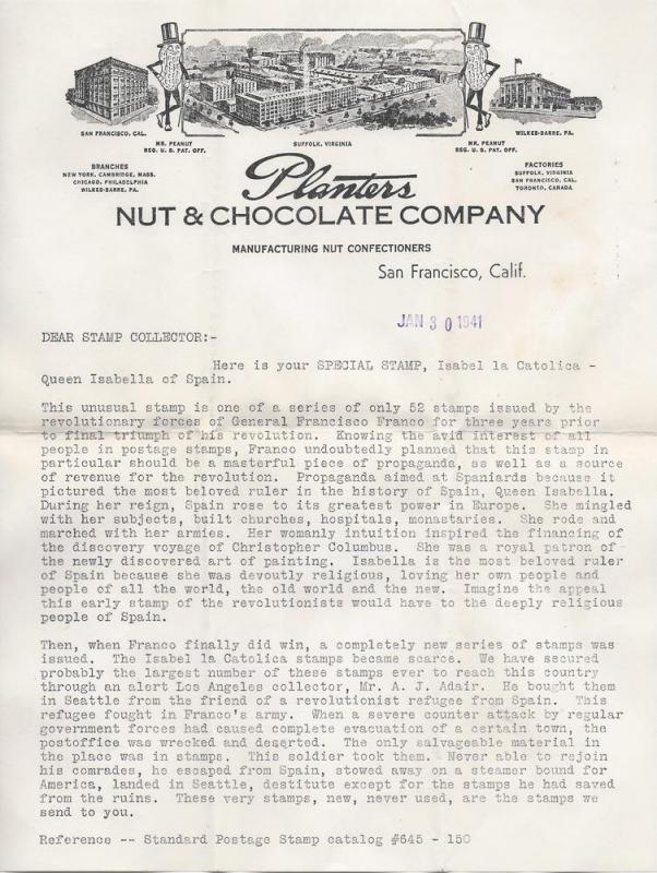 Planters Nut Co. world stamp offer Letters of Jan 30, 1941
