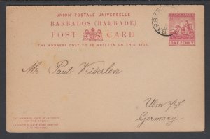 Barbados H&G 10 used 1893 1p Postal Reply Double Card to Ulm, Germany, RR cancel