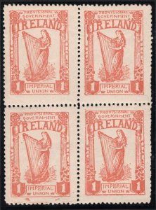 IRELAND Forerunner Hib L22 (1d) Orange (1912) HARP Mint BLOCK OF FOUR SS4664