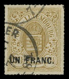 Luxembourg #26 Cat$80, 1873 1fr on 37 1/2c, used, with handstamp guarantee