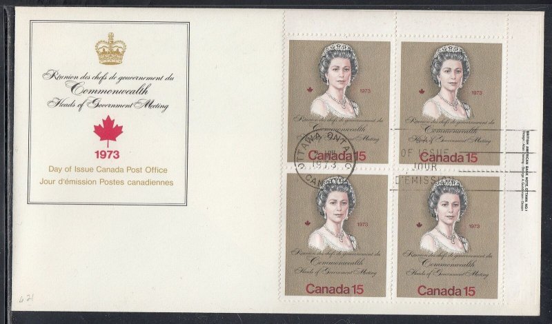 Canada Scott 621 UR Pl Blk  FDC - 1973 Royal Visit