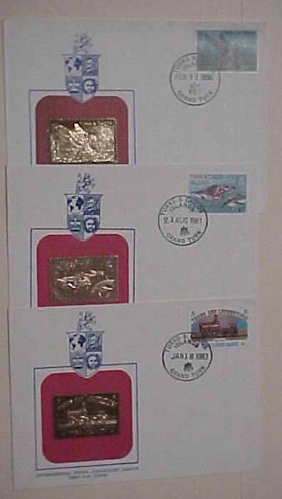 TURKS & CAICOS 3 DIFF. FDC GOLD FOIL TRAIN,DOLPHIN,FALCON CACHET UNADDRESSED