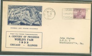 US 729 1933 3c Century of Progress on an addressed (typed) FDC with an Ed Hacker cachet