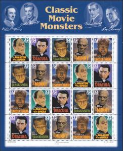 Scott 3168-3172 Movie Monsters MNH Pane CV $15