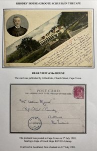1903 Cape Town South Africa Picture Postcard Cover To New Zealand Rhodes House