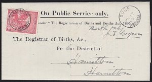 TASMANIA 1907 Birth notice OUSE cds to Hamilton T perfin 1d Pictorial......B1781