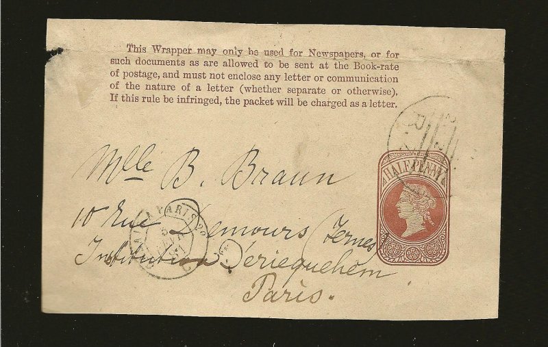 Great Britain Queen Victoria PM 1881 Half Penny Newspaper Wrapper Front Used