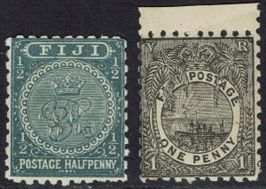 FIJI 1891 VR MONOGRAM AND CANOE ½D AND 1D PERF 10