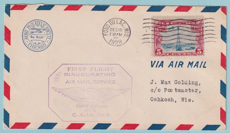 UNITED STATES FIRST FLIGHT COVER - 1928 FOND DU LAC WIS TO OSHKOSH WIS - CV336