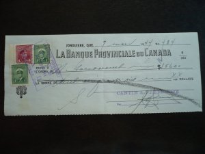 Canada - Revenue - KGVI War Issue Stamps on cheque dated 1944