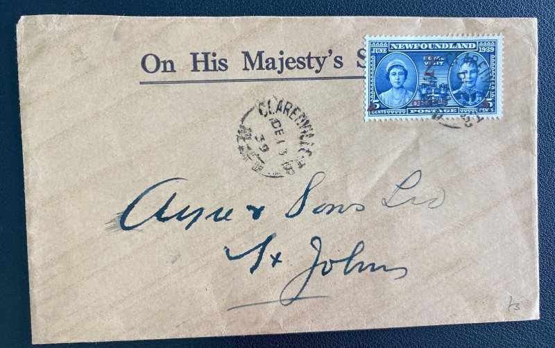 1939 Newfoundland ON His Majesty Service  Cover To St Johns