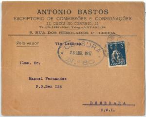 70065 - PORTUGAL  - POSTAL HISTORY -  COVER to BRITISH WEST INDIES Demerara 1917