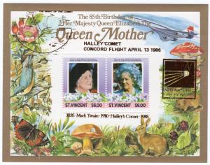 St.Vincent 1988 Q.Mother SS overprinted Bronz HALLEY'S COMET CONCORDE-GIOTTO MNH