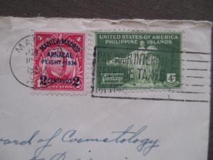 1937 Philippines To USA Cover With Overprint Airmail Stamp (UU9)