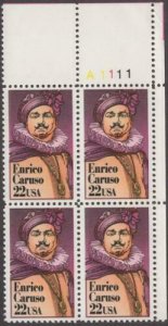 1987 Enrico Caruso Opera Singer Plate Block of 4 22c Stamps, Sc# 2250, MNH, OG