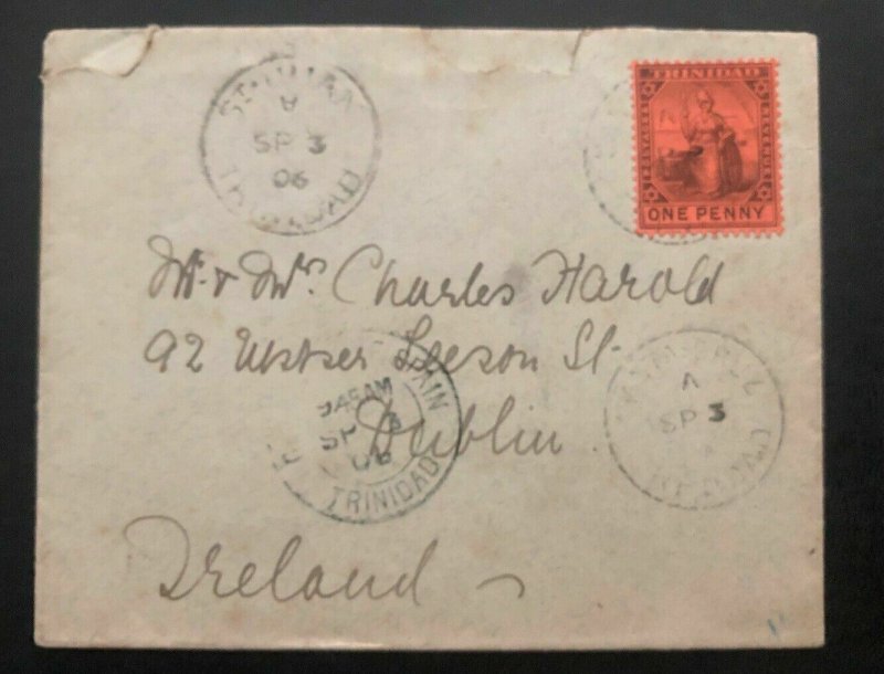 1906 Trinidad & Tobago Vintage Cover to Dublin Ireland Via H&K Packet