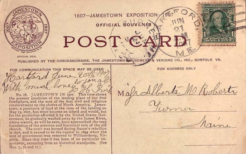 United States Maine Hartford 1907 doane 2/2  1807-1934  PC  Small creases at ...