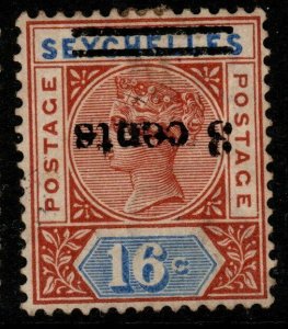 SEYCHELLES SG38a 1901 3c on 16c CHESTNUT & ULTRAMARINE SURCH INVERTED UNUSED