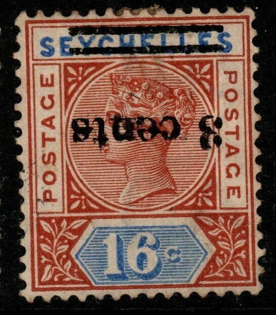 SEYCHELLES SG38a 1901 3c on 16c CHESTNUT & ULTRAMARINE SURCH INVERTED UNUSED