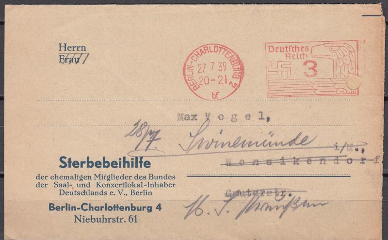 Germany - 27.7.1939 3pf Metered cover Berlin (2414)