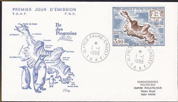 FRENCH ANTARCTIC TAAF 1988 3 FDCs - Penguin Is, Map, Petrel................70245