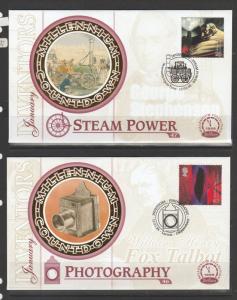 GB FDC 1999 Inventors set of 4 small silks by Benham, special cancels