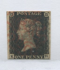 GB 1840 Penny Black lettered KH with 4 close to very large even margins