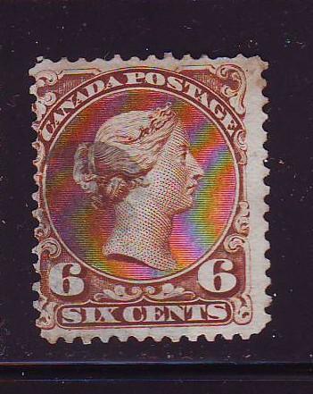 Canada Sc 27 1868 6 c yellow brown large Queen Victoria stamp used