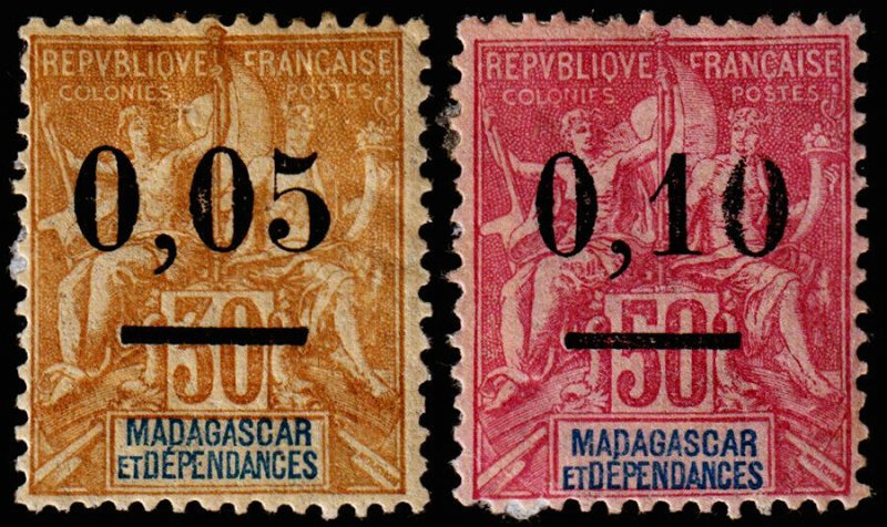 Madagascar - Malagasy Republic Scott 52-53 (1902) Mint H F, CV $21.00 C