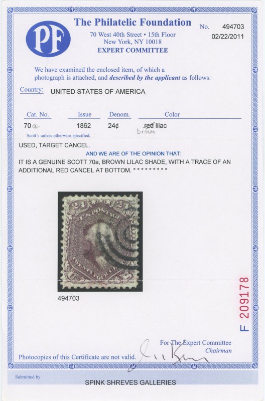 USA 70a - 24 cent Brown Lilac - VF+ Used with PF Certificate