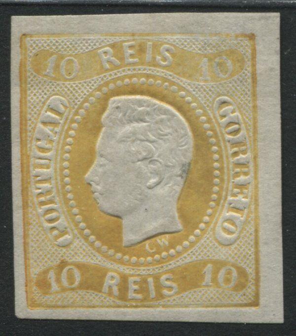 Portugal 1866 10 reis yellow with 4 large to huge margins mint o.g.