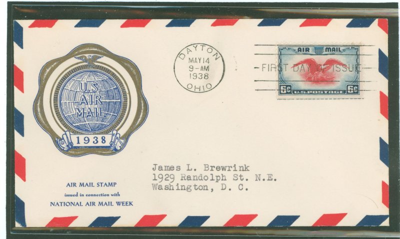 US C23 1938 6c Eagle & Shield (National Airmail Week) single on a typed addressed first day cover with a Rice Cachet and a Dayto